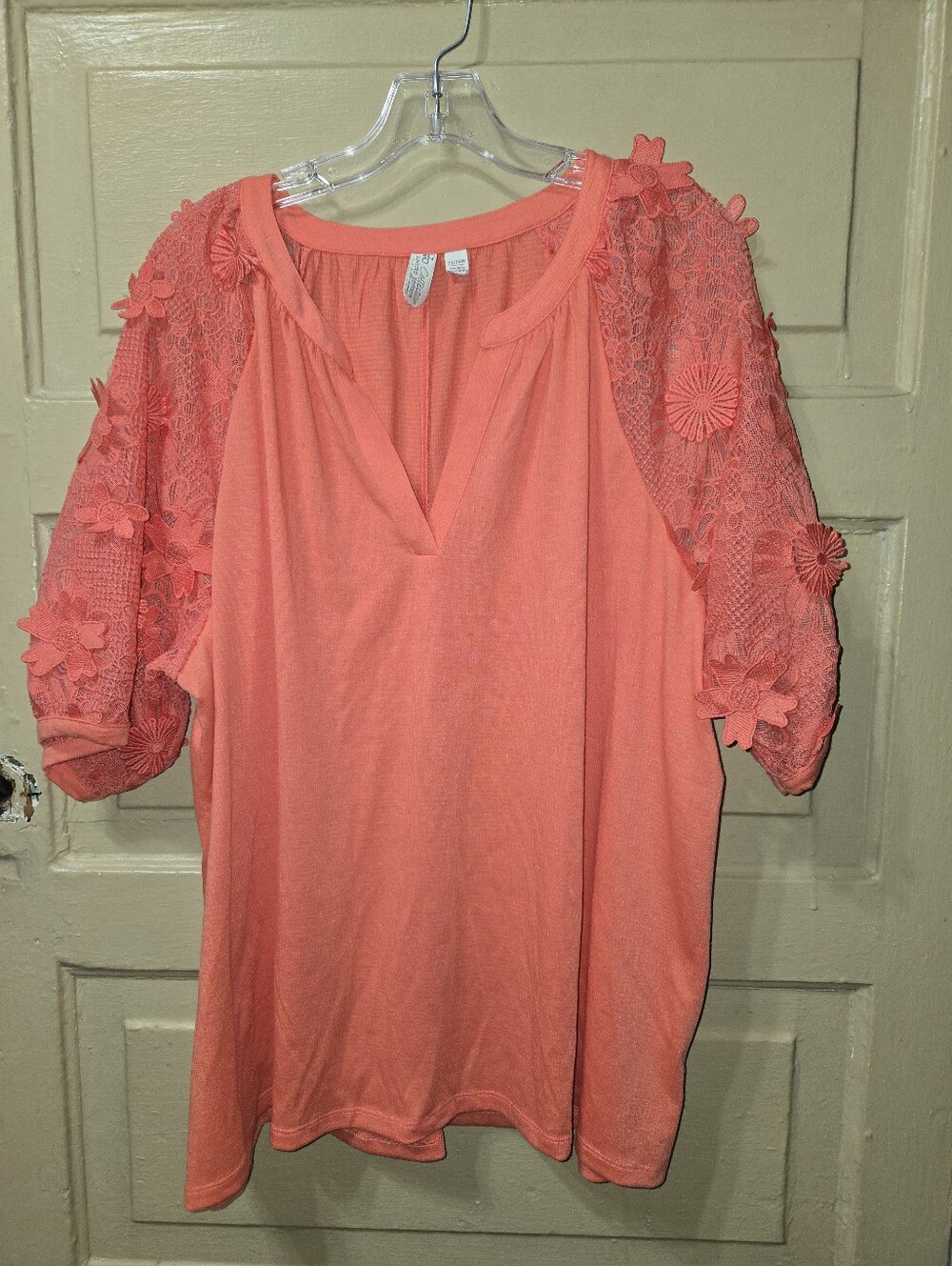 Cato Collection Limited Edition Lace Floral Sleeve Coral V-Neck Top